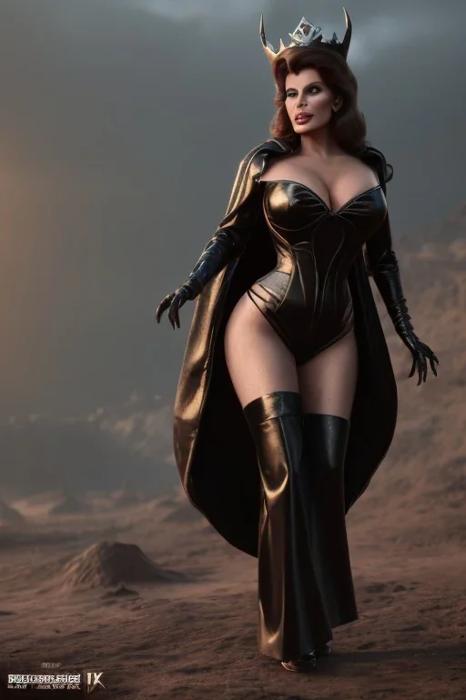 Raquel Welch as evil queen in black leather gown, angry, busty, curvey, cleavage, unreal 5, octane render,cinema4d, dynamic lighting, dramatic lighting, 4k, redshift render, highly detailed, hyper realistic