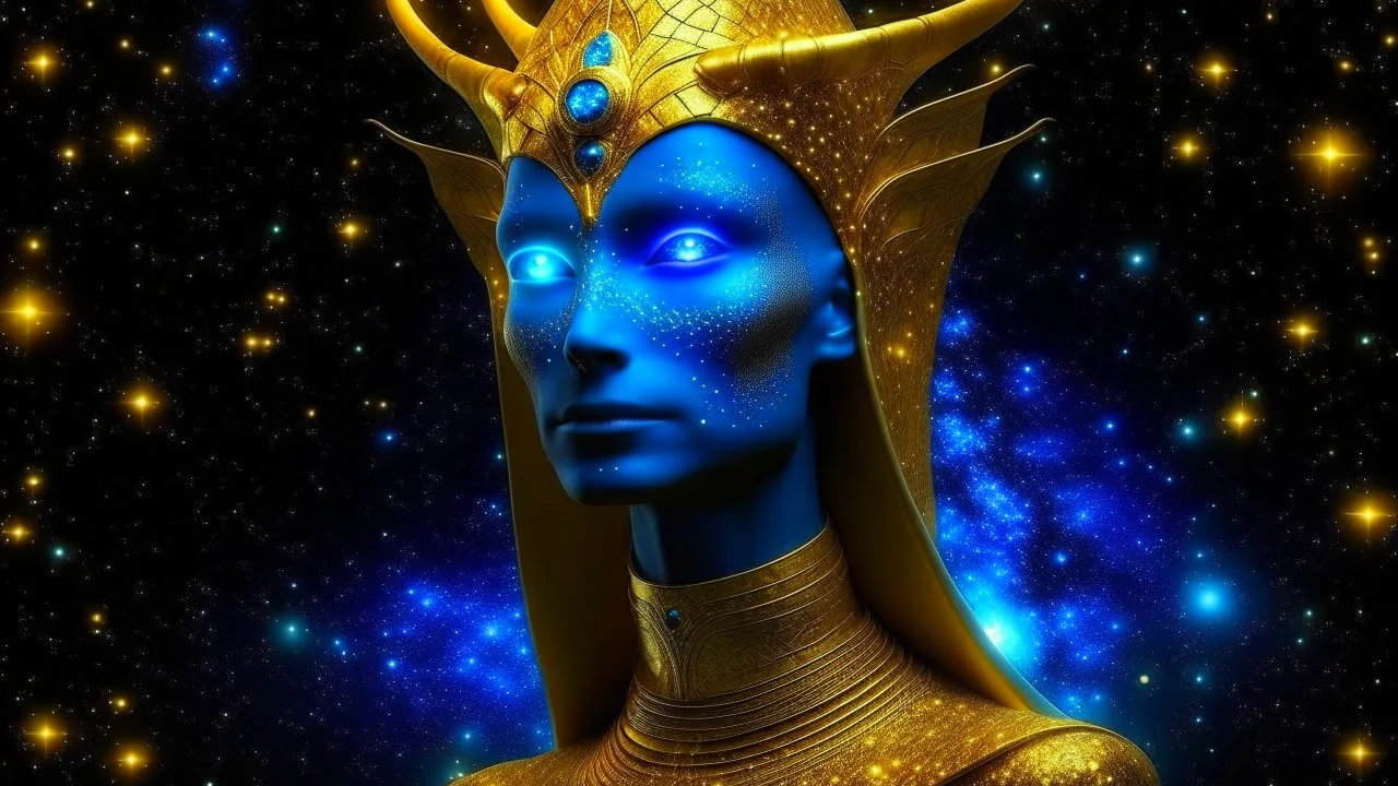 The goddess appears on a starry night. Her eyes glow with an unearthly hue, and her antennae move delicately in the void of space. The body, shrouded in a golden aura, glows, reflects the light of the surrounding stars. Blue, Despite her alien appearance, her beauty is almost otherworldly, conveying a sense of calm and mystery.