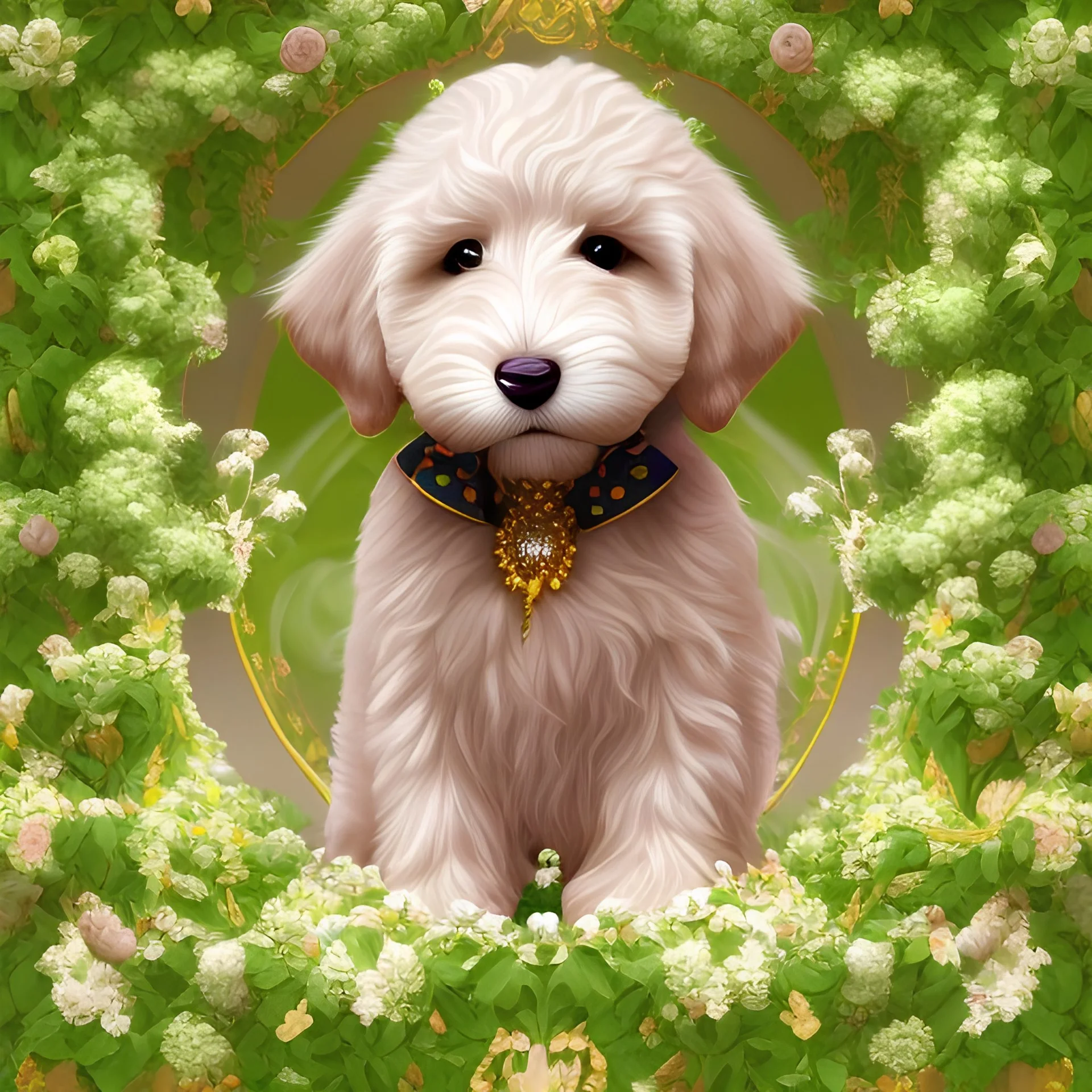 Apricot wavy coat Goldendoodle with shamrock 3d digital art