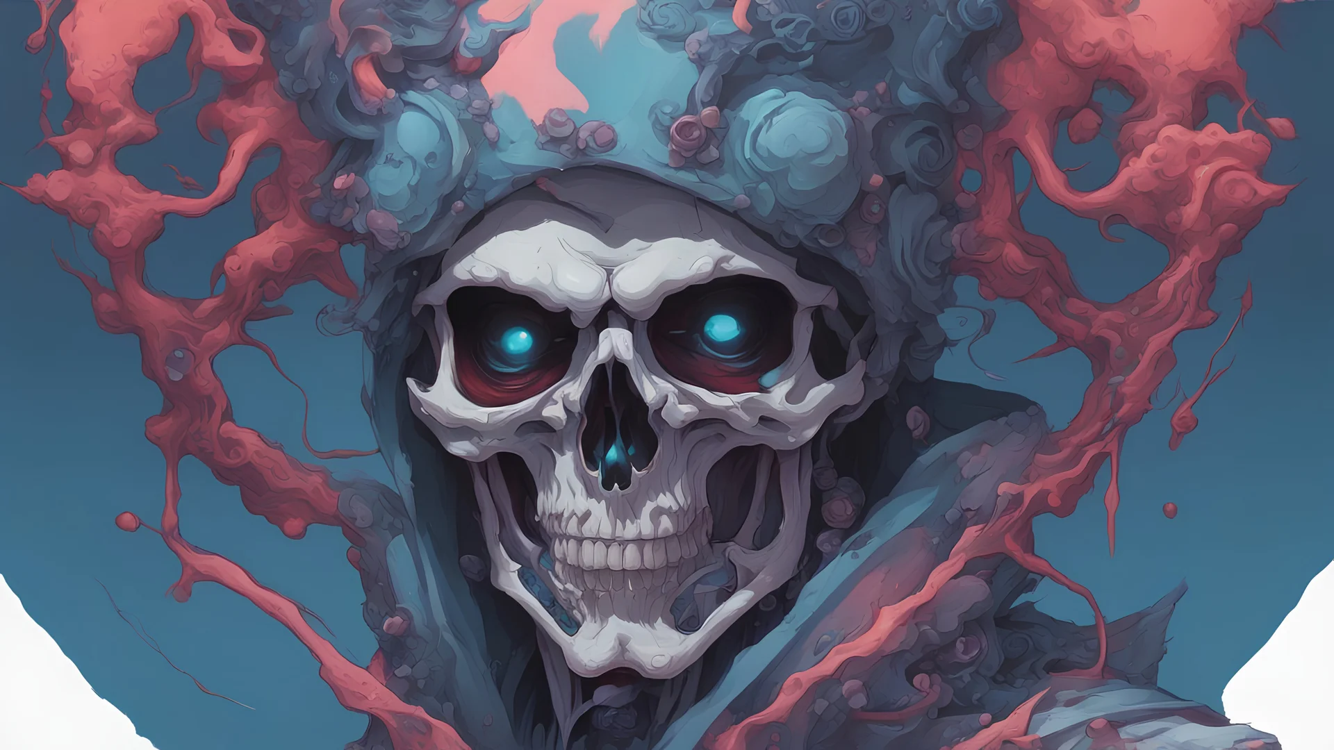 a close up of a person with a skull on their head, blue and black colors, anime skull portrait man, scary detailed art in color, hiroyuki-mitsume takahashi, nychos art aesthetic, half man half skeleton, anime cyberpunk art, colored manga art, rossdraws pastel vibrant, hot colors. insanely detailed, beautiful anime portrait, stunning anime face portrait, scary art in color