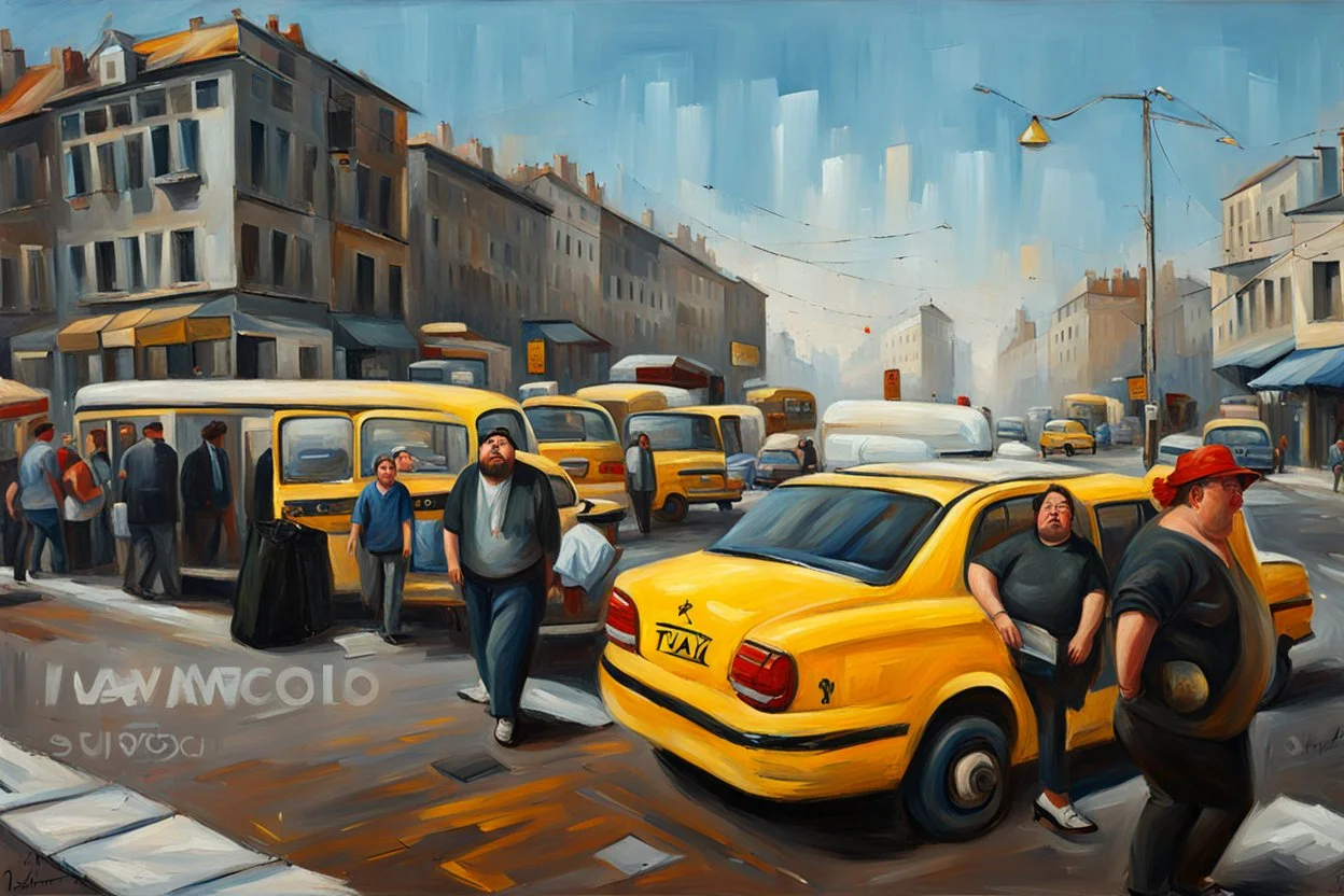 fat man model in a street in a taxi oil painting