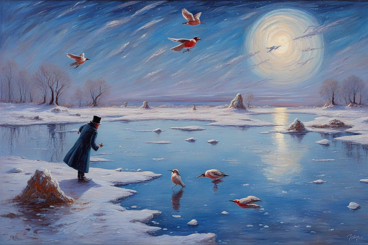 Gems, little puddle, space, man, ice, winter, flying birds, fantasy, otto pippel impressionism painting