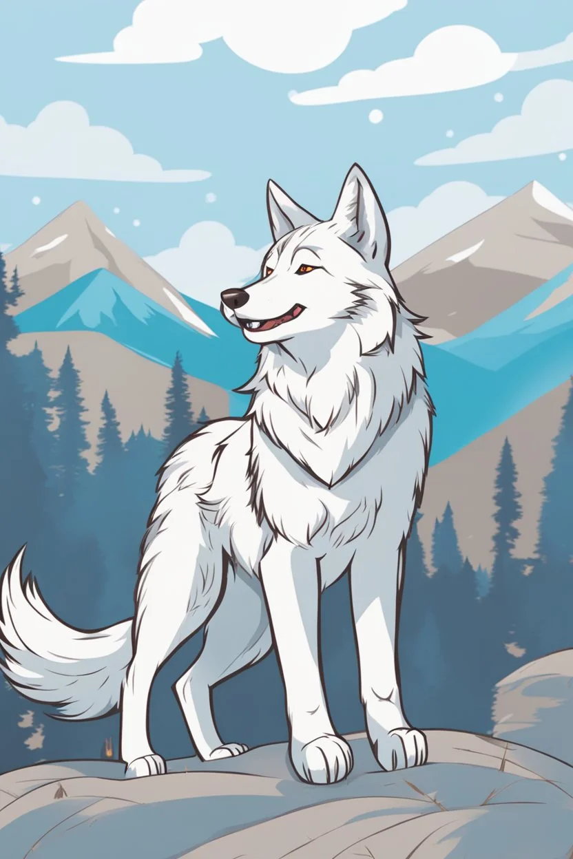 happy looking wolf looking up and smiling, by ovopack