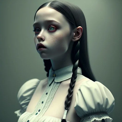 Full body, 3d render,Jenna Ortega, Wednesday addams 1800's women style, 1800's hair style, 1800's women clothes style, hyper realistic, octane render, unreal engine 5, 8k, palace background, uhd