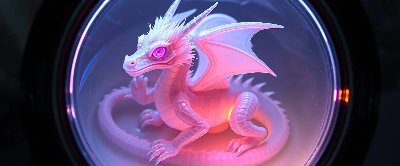 The image depicts a fantastical duck snow soup, specifically a transparent dragon lich with neon flash aura, with a unique and whimsical appearance. The dragon is positioned in a circular frame, which suggests it might be inside a container or a vessel. The dragon's body is elongated and has a segmented appearance, with a detailed texture that gives it a realistic look. Its head is covered with white, spiky hair, adding to its fantastical charm. From the weird dragon lab. Swirly steam.