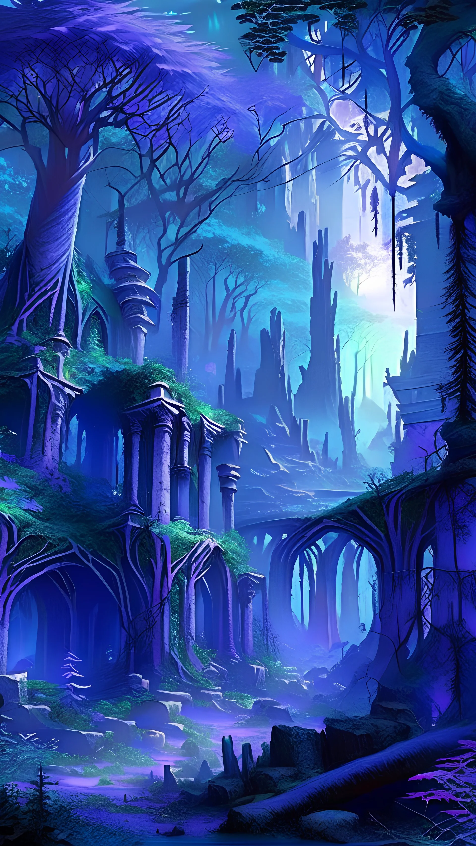 An ancient abandoned elvish city that a forest has grown over, over the centuries in high fantasy style that gives off a cozy vibe, light blueish purple hue