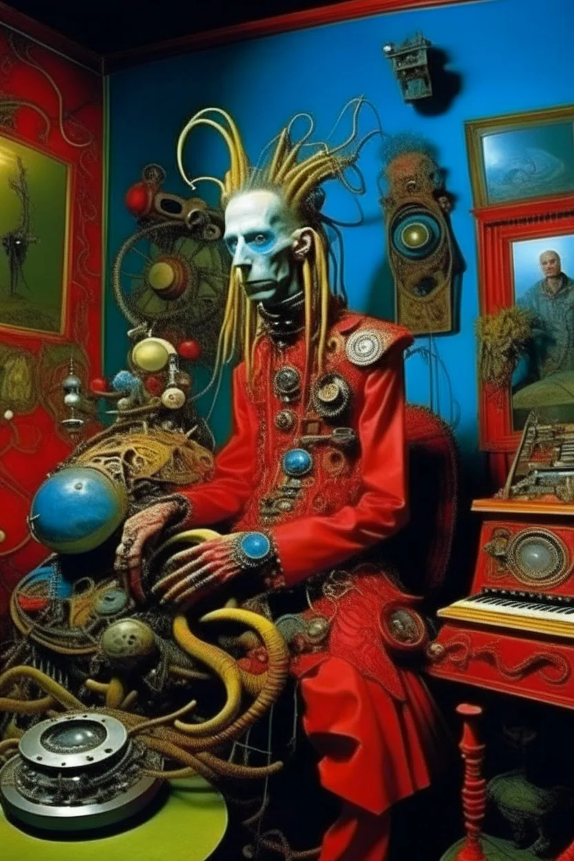 photo by tim walker : loan-blend human-alien biomorphic-animals squid indefinite head extreme wide shot head to toe portrait of weird krofft pufnstuff puppet voodoo cutie sitar player king human nervous systems, renaissance faire alex grey hyper detailed michael cheval with a playful expression made out of mechanical parts and robot arms; cyborg details, unusual and obscure photograph by františek vobecký of a surreal scene of ghastly men, pop art, clive barker style, 300mm f/.8, raw cinematic p