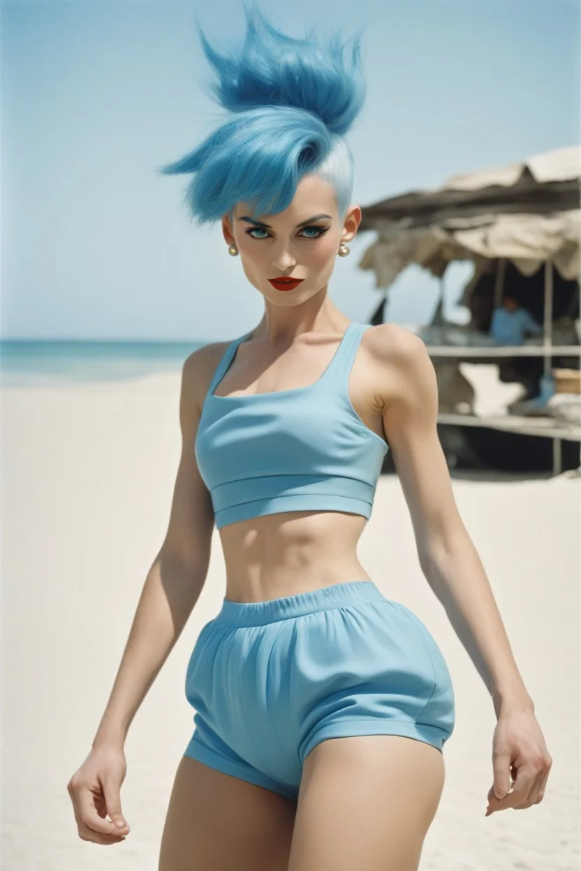 [photo by Norman Parkinson] blue hair Bulma from dragon ball, in her crop top and high-waisted balloon shorts for Vogue UK, 1950 special summer beach issue