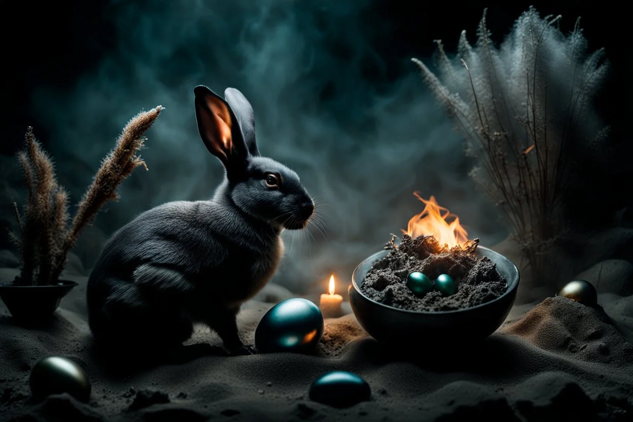 dark fantasy land with mystic, fog, deep cloros, burning landscape with mist, dark fantasy plants, silver and onix crystal eggs lying in sand, pale lights, rocks, weird surreal big dark rabbit-bird mutants, dark fantasy mood, sureal, high quality, high contrast, cinematic, atmospheric, weird mood