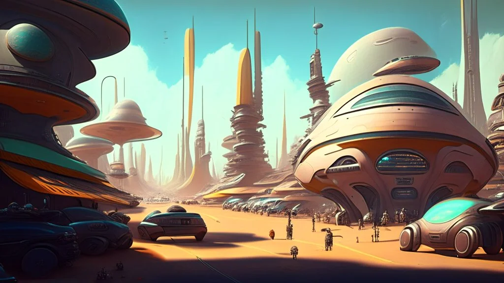 shot from ground level, a busy alien town, with many people, alien buildings, curved roads, vehicles, and spaceships