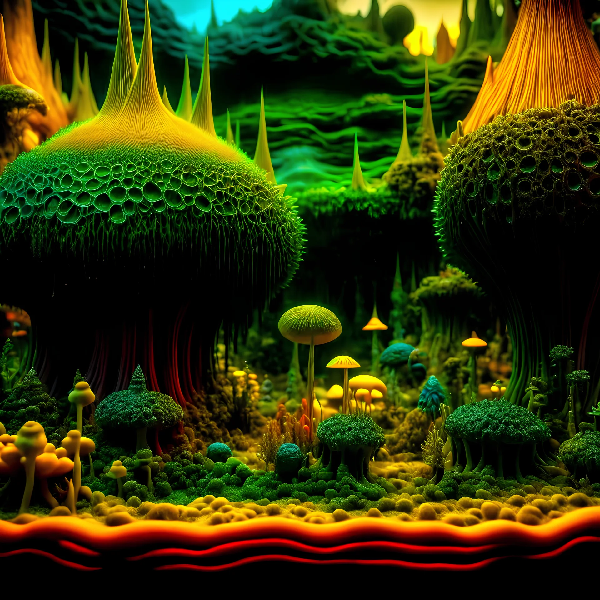 Odd swamp landscape with odd beings surreal abstract Max Ernst style, 120mm photography, sharp focus, 8k, 3d, very detailed, volumetric light, grim, fine art, very colorful, ornate, F/2.8, insanely detailed and intricate, hypermaximalist