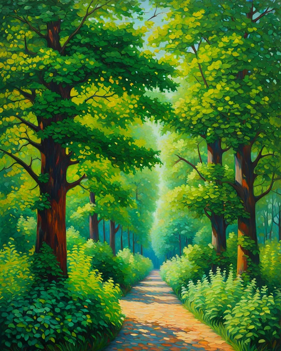 árboles verdes grandes y frondosos, calidad ultra, hiperdetallado, 12K, pintura al óleo impresionista colorida maximalista