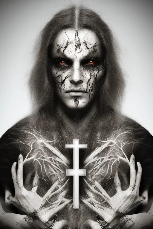 Symmetric portrait of a man with black metal facepaint, with long white hair, with a Christian cross on his chest, with bloody eyes