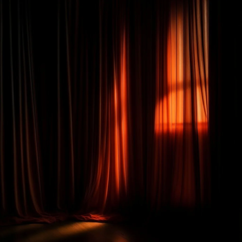 atmospheric deep orange light coming through the curtains of a dark room