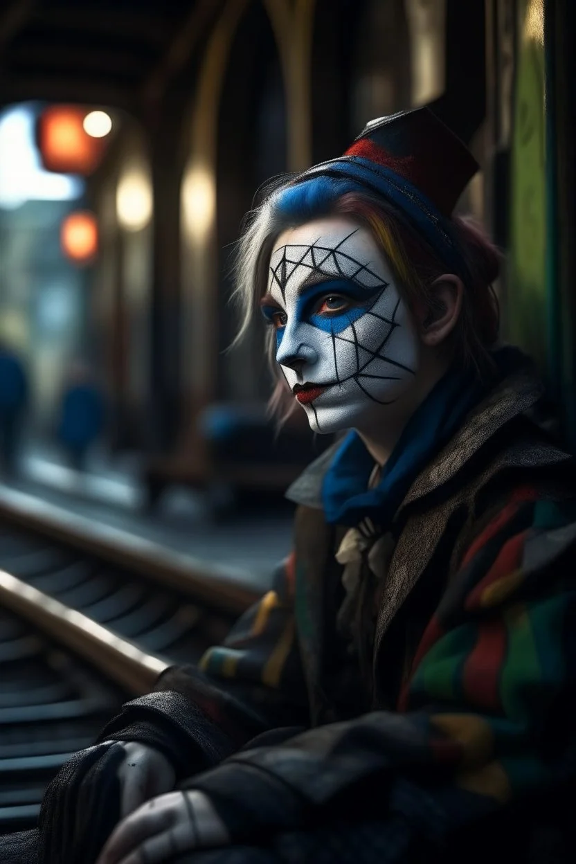 hyper real oil painting portrait of harlequin sitting in cable trolley in goth ruins background, zeiss prime lens, bokeh like f/0.8, tilt-shift lens 8k, high detail, smooth render, down-light, unreal engine, prize winning