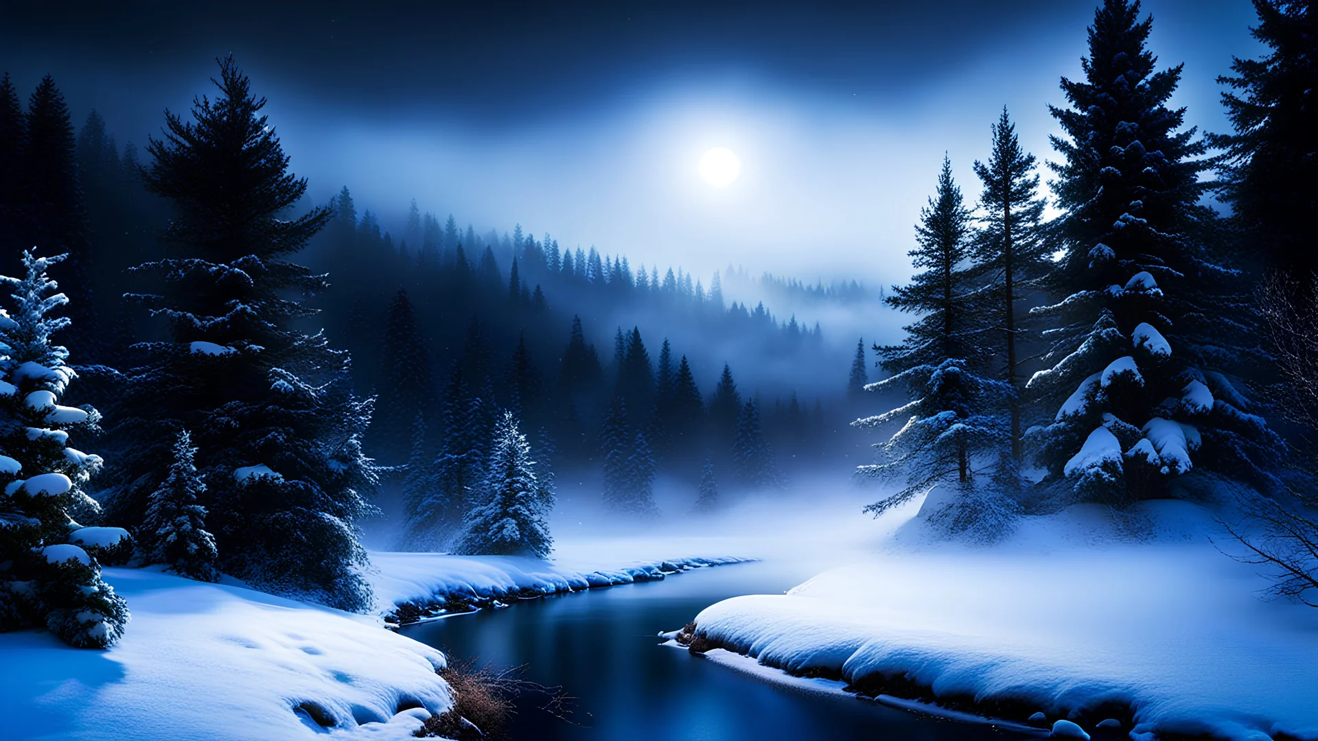 fir forrest scenery, heavy mist,valley,creek,forest,christmas ,tree,,nature,night,snow,fir tree,high-quality photograph,zeiss prime lens, bokeh , high detail, smooth render, unreal engine 5, dust effect, vivid colors,night