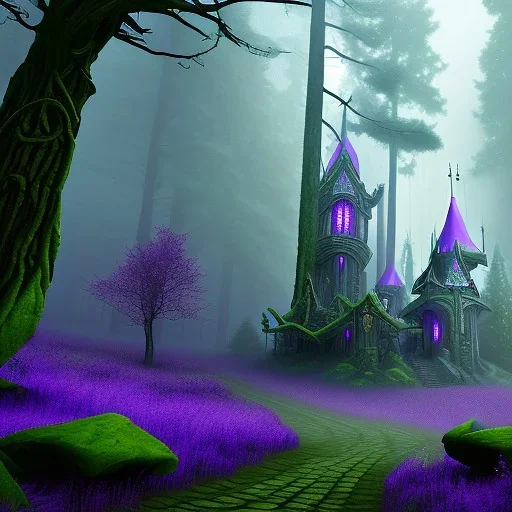 purple high elf in a misty enchanted forest