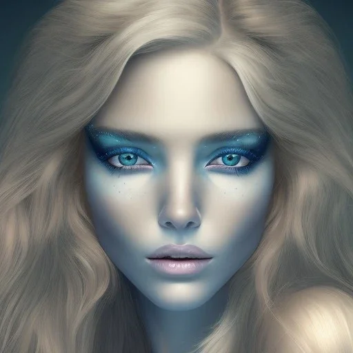 jolie visage de fée peau bleue ,longs cheveux blonds , yeux bleus, 8k, fond bleu,magician