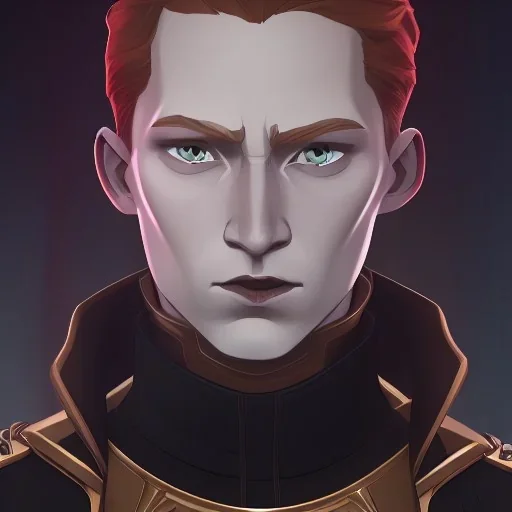 general hux 3/4 view, wearing a black First Order uniform, serious, imposing figure, thick eyebrows, digital art, wearing a black First Order uniform, green eyes, gray background, sepia filter, light coming from the side