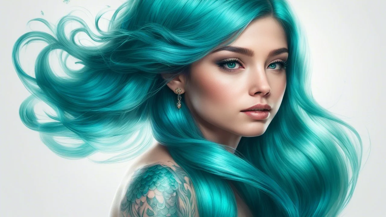 Mermaid Portrait, Shimmering Turquoise Tail, Tattoo, High Resolution, Trending on Artstation, Fine Details, 8K