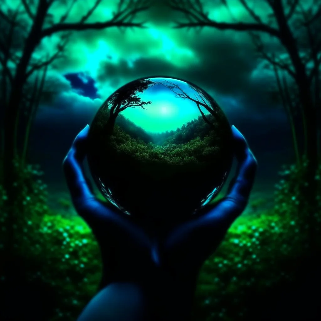 promise the world, dark green and blue colors, fantasy atmosphere, photo quality