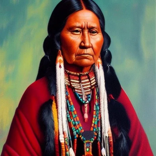 Full body portrait, painting, medium shot lady native American art