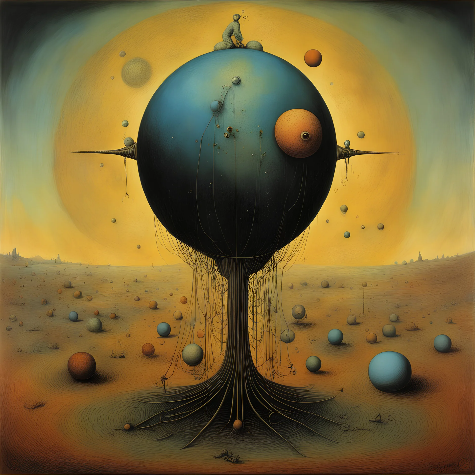 Vivisection of the spheres, human organ grinder, Bridget Bate Tichenor and Joan Miro and Zdzislaw Beksinski deliver a surreal masterpiece, muted colors, sinister, creepy, sharp focus, dark shines, asymmetric, randomly upside-down elements