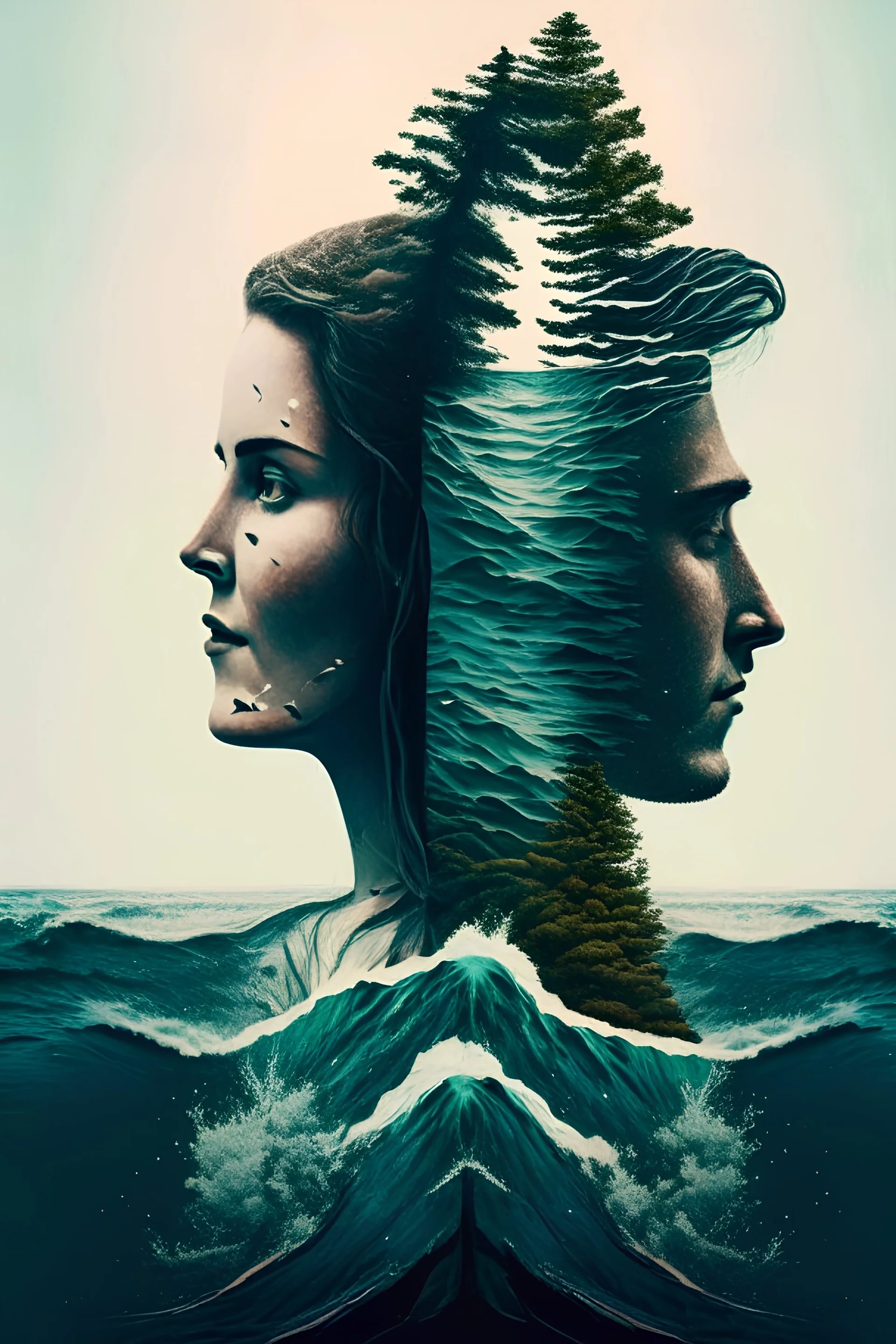 women and men with fir and ocean