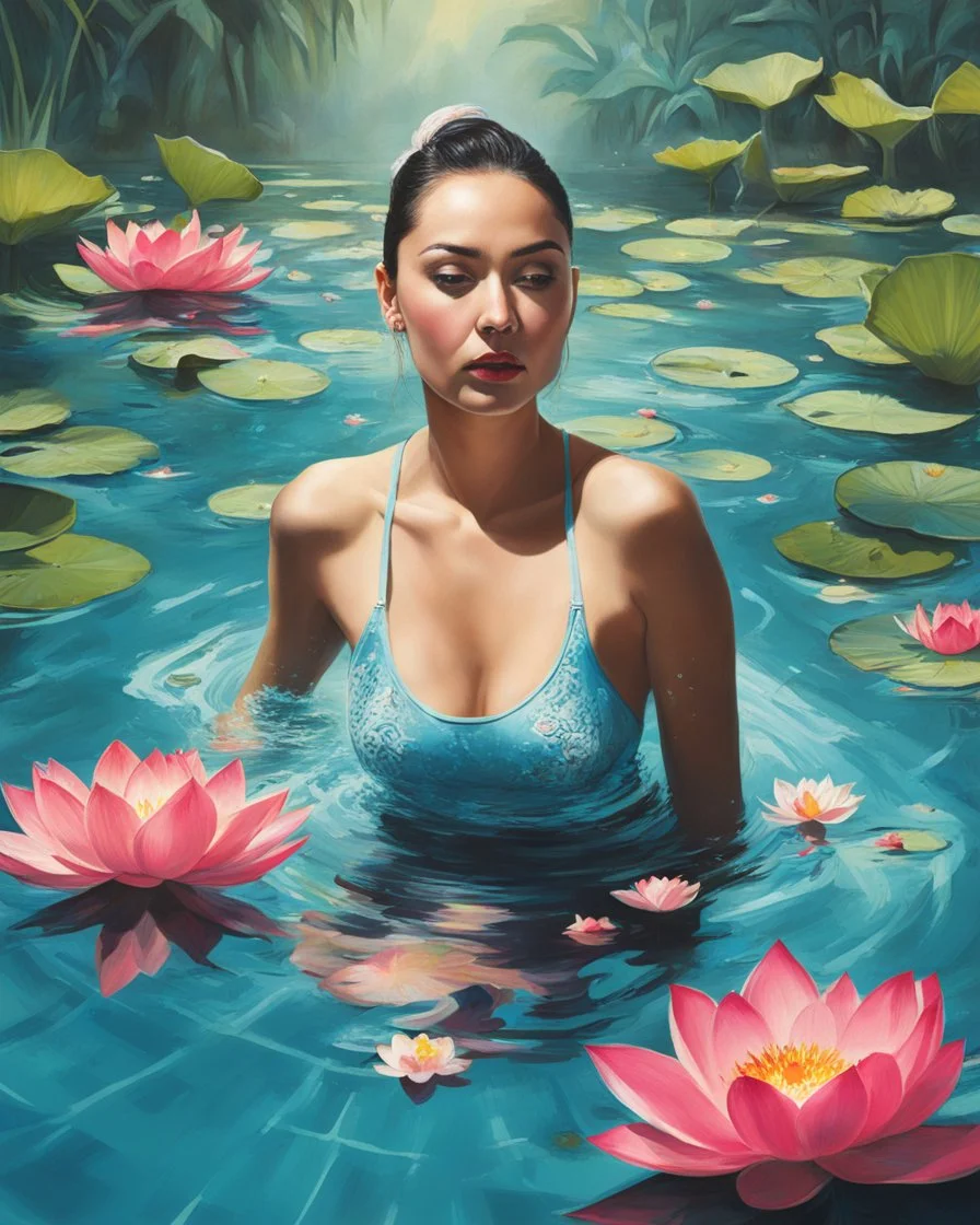 one woman in a pool, with lotuses, she is attacked by a dangerous alien women