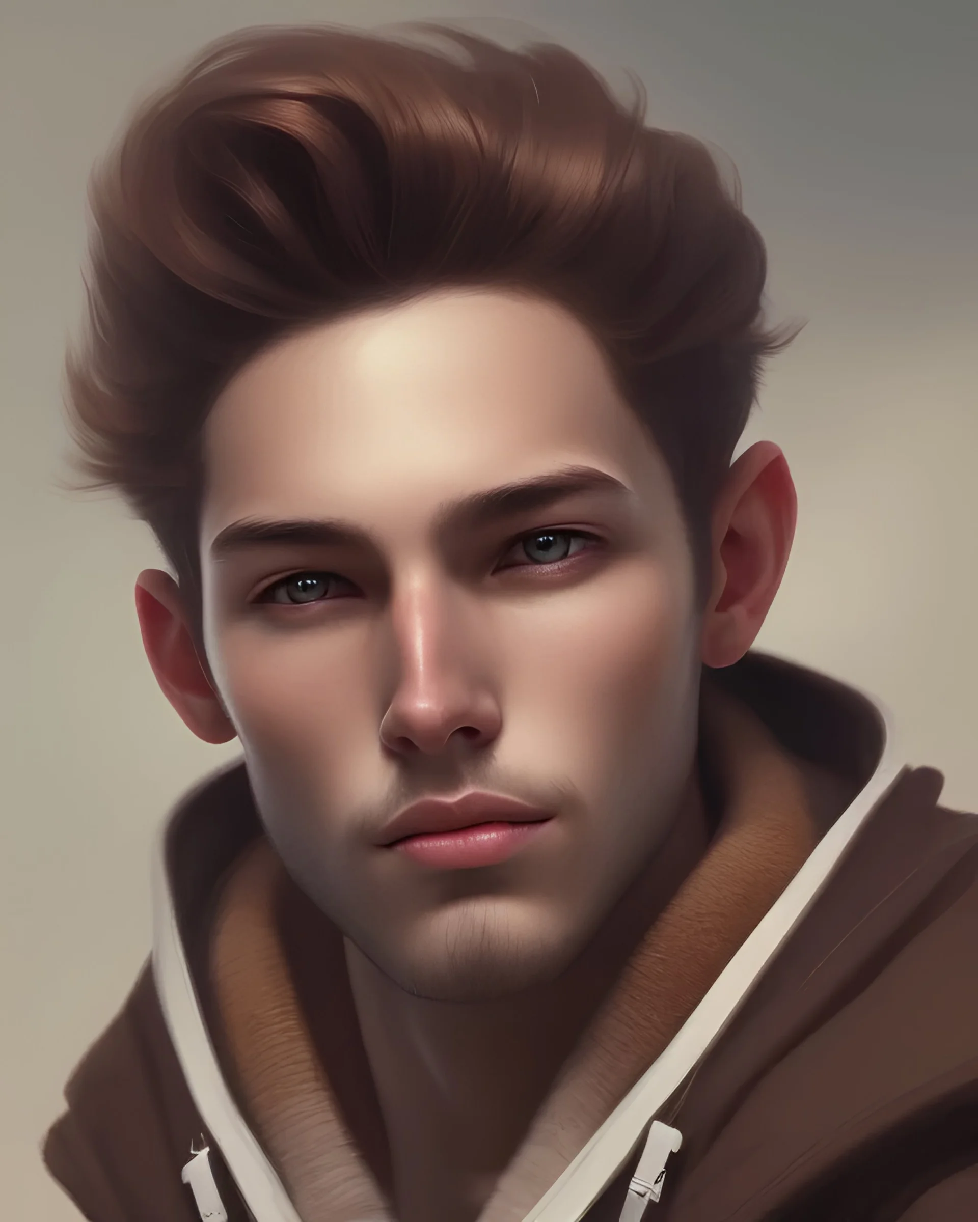  boy, cute, young, brown hair, brown eyes, medium hair, close up, head and shoulders portrait, head and shoulders portrait, 8k resolution concept art portrait by Greg Rutkowski,