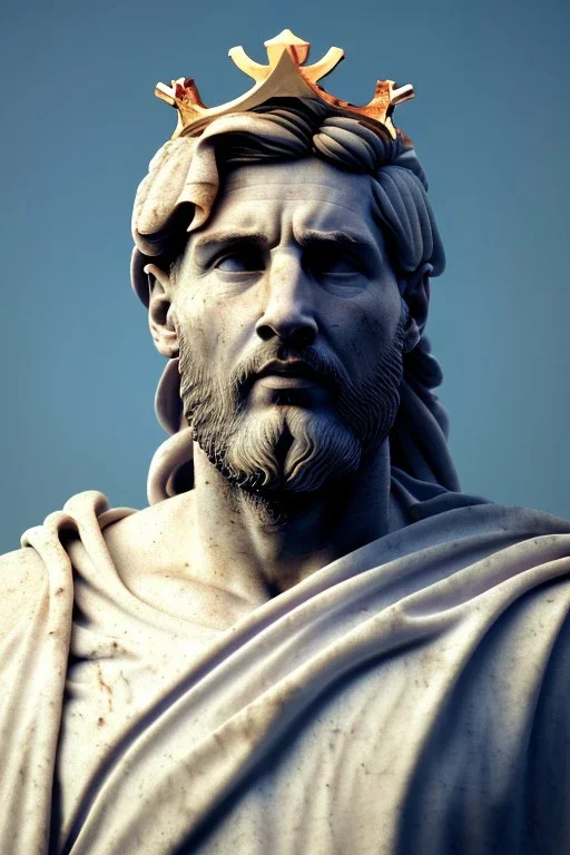 Ultra Realistic image, Roman sculpture, white marble material, Lionel Messi, gold crown of natural thorns, god crown, Renaissance style, sun rays background, waist up portrait, epic, celestial, cinematic lighting, God lights, 4k resolution, smooth details, soft lighting, unreal engine 5, art station, substance 3d.