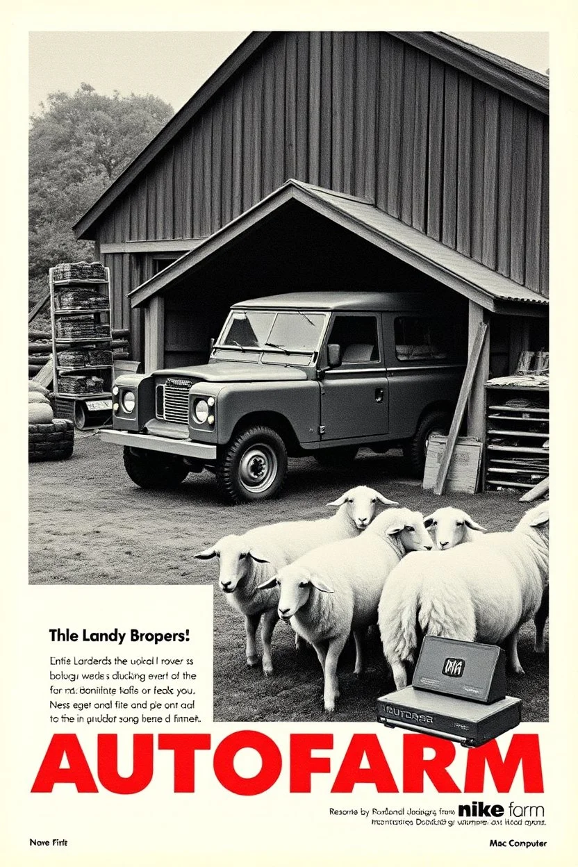 nike print ad from the 80s, mcdonalds ad from the 80s, mac computer ad from the 80s, featuring a landrover being fixed at a farm. sheep are all over the place, company name in bold (AUTOFARM), nike print ad style, mac computer ad from the 80s, 1950s print advertisement