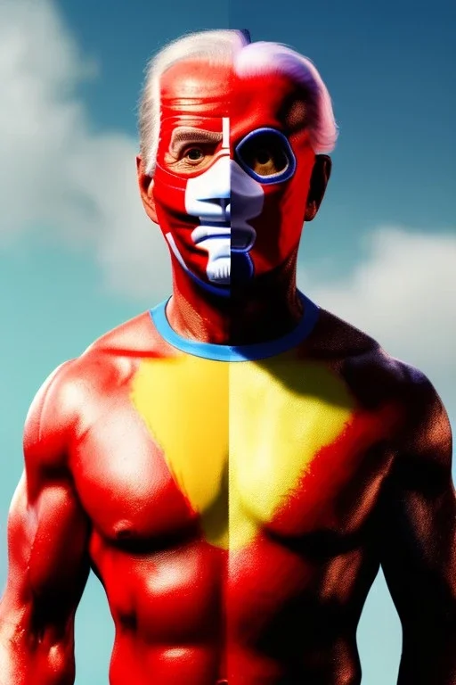 realistic image of joe biden as a mexican wrestling fighter posing, Mexican eyes wrestling mask, red and blue breeches, retro style, 80s, vibrant color, highly detailed, sky background, concept art, unreal engine 5, god rays, ray tracing, RTX, lumen lighting, ultra detail, volumetric lighting, 3d, finely drawn, high definition, high resolution.