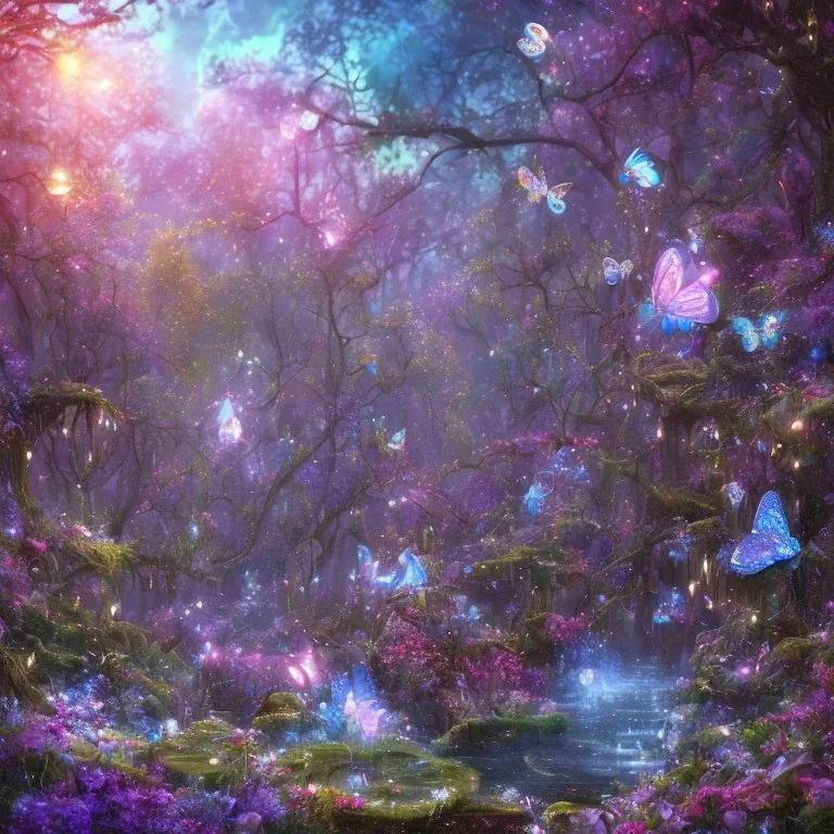 magical forest with sparkle and jewel butterflies and blue big flowers and pink mushrooms waterfall sky