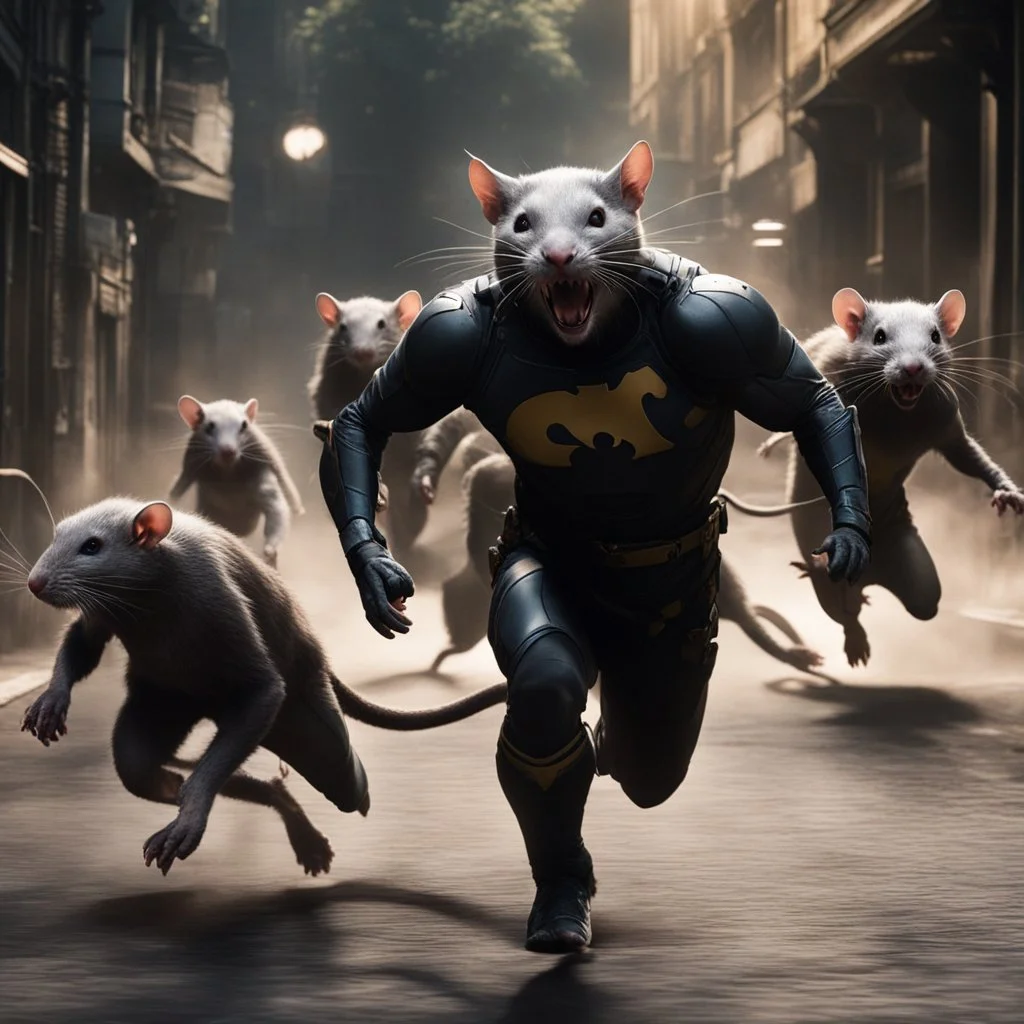 Catman chases three humanoid rats that are running around in terror