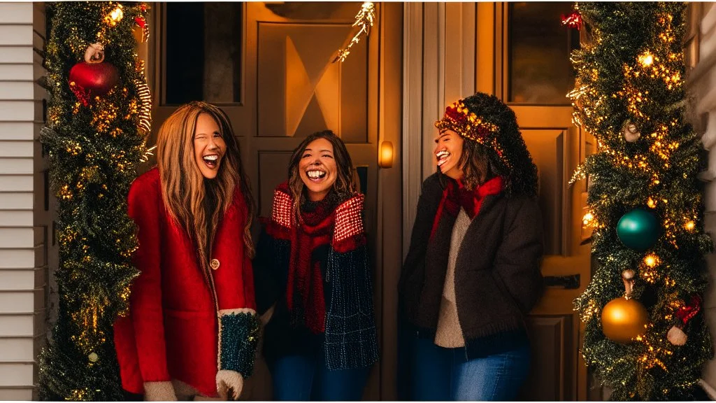 "I'm envisioning a heartwarming scene featuring three best friends gathered by the door during the Christmas season. The entrance of a cozy home is adorned with festive decorations, including Christmas lights framing the door and a wreath with colorful ornaments. The three friends, dressed in stylish winter clothing, share laughter and joy as they prepare to celebrate together. One of the friends holds a six-pack of beer, adding a touch of festive cheer. The expressions on their faces reflect th