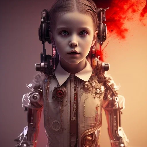 a little girl with a cyborg brain and a lot of red liquid, steam punk, scary, horror, realistic, made in octane, cinematic, ultra-realistic, extremely detailed octane rendering, 8K, VRAY Super Real ar 2:3, dof photorealistic futuristic 50mm lens hard lighting dark gray tintype photograph, realistic lighting, sephia colors