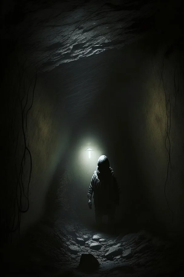 character in semi-darkness, on the scree cone of an underground room dimly lit by daylight coming from a well located forty meters above.