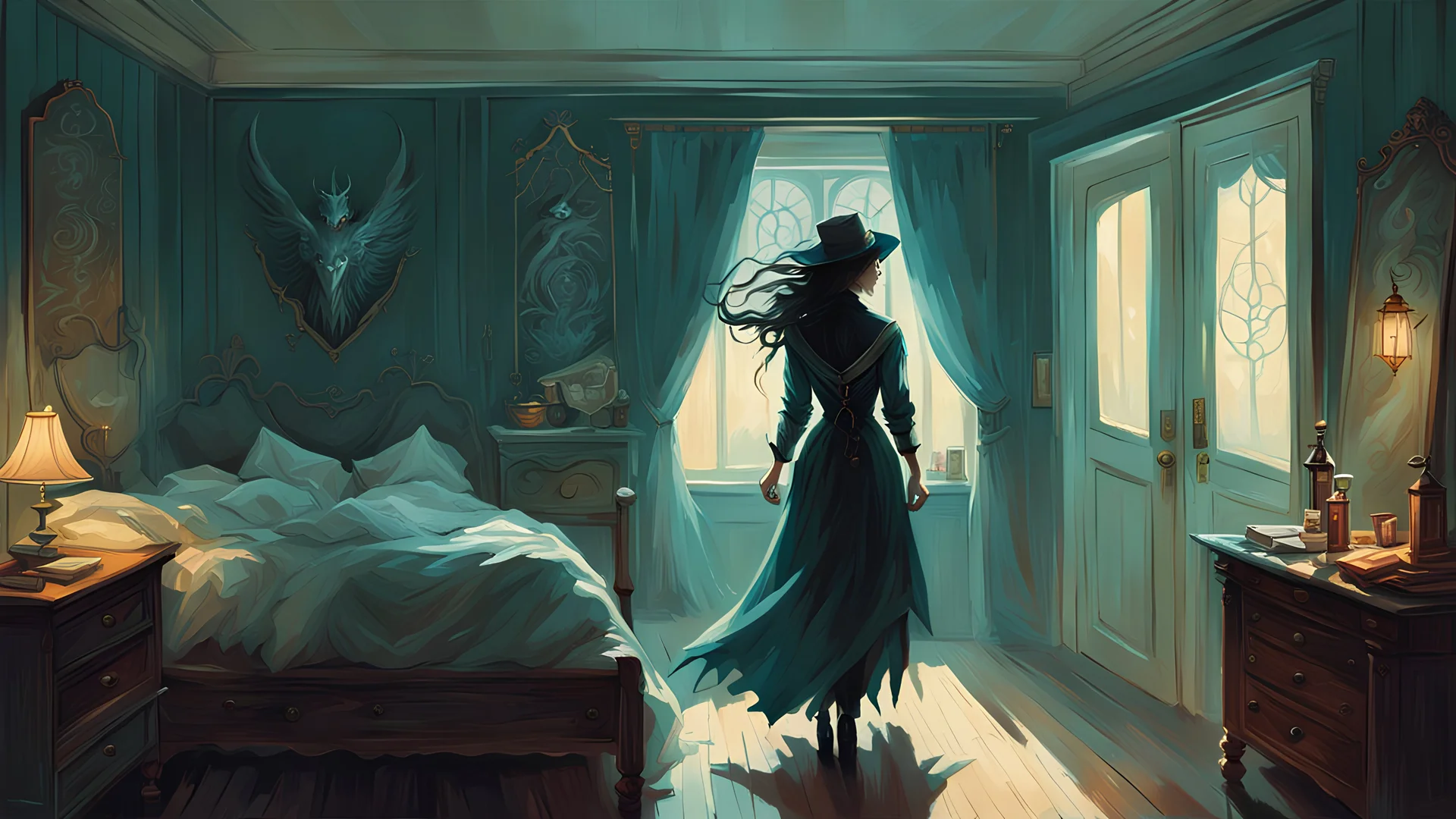 Full length portrait of a chilling shadow sneaking into a beautiful woman's bedroom to steal her soul (perfect face, perfect eyes). Integrate Hitchcockian suspense, and employ low-key lighting for spine-tingling eeriness by Peter Mohrbacher