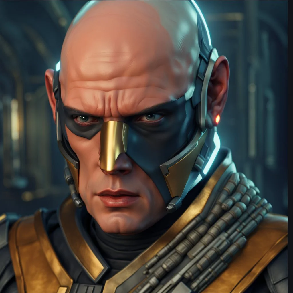 star wars bald male corellian pilot wearing pearlescent black and gunmetal grey First Order special forces heavy assault stealth commando armor and helmet with gold trim inside the jedi temple, hyperdetailed, dynamic lighting, hyperdetailed background, 8k resolution, volumetric lighting, light skin, fully symmetric details