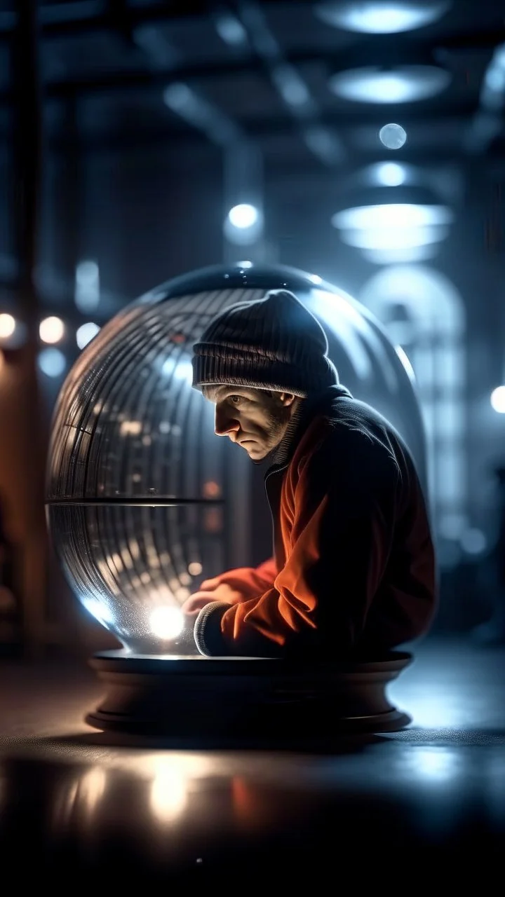 prisoner watching himself inside on a bright Crystal ball, shot on Hasselblad h6d-400c, zeiss prime lens, bokeh like f/0.8, tilt-shift lens 8k, high detail, smooth render, down-light, unreal engine, prize winning