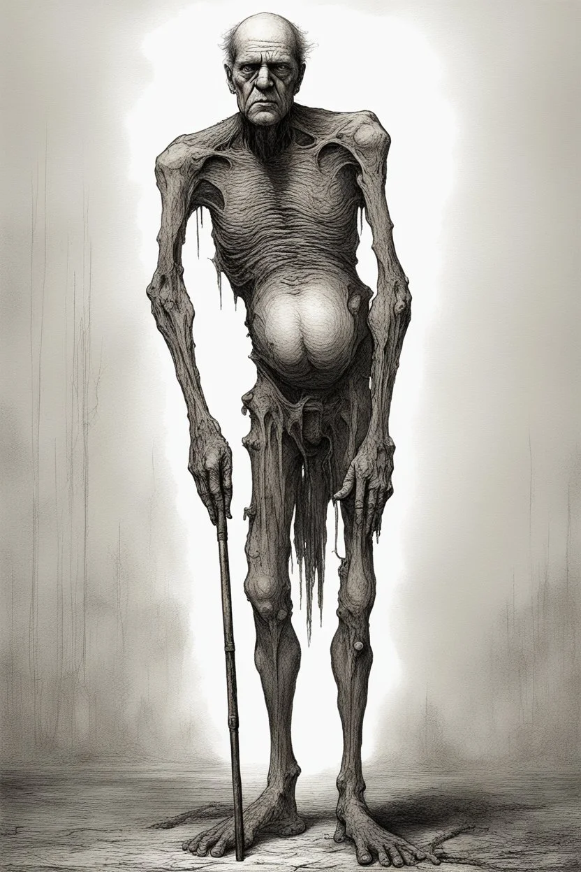 The full body of a fat old man , use the face in the picture , holding a cane , front view camera, decayed and rotting with grotesque proportions and imagery. surreal horror, biomechanical design, by hr giger and beksinski , fine lines draw
