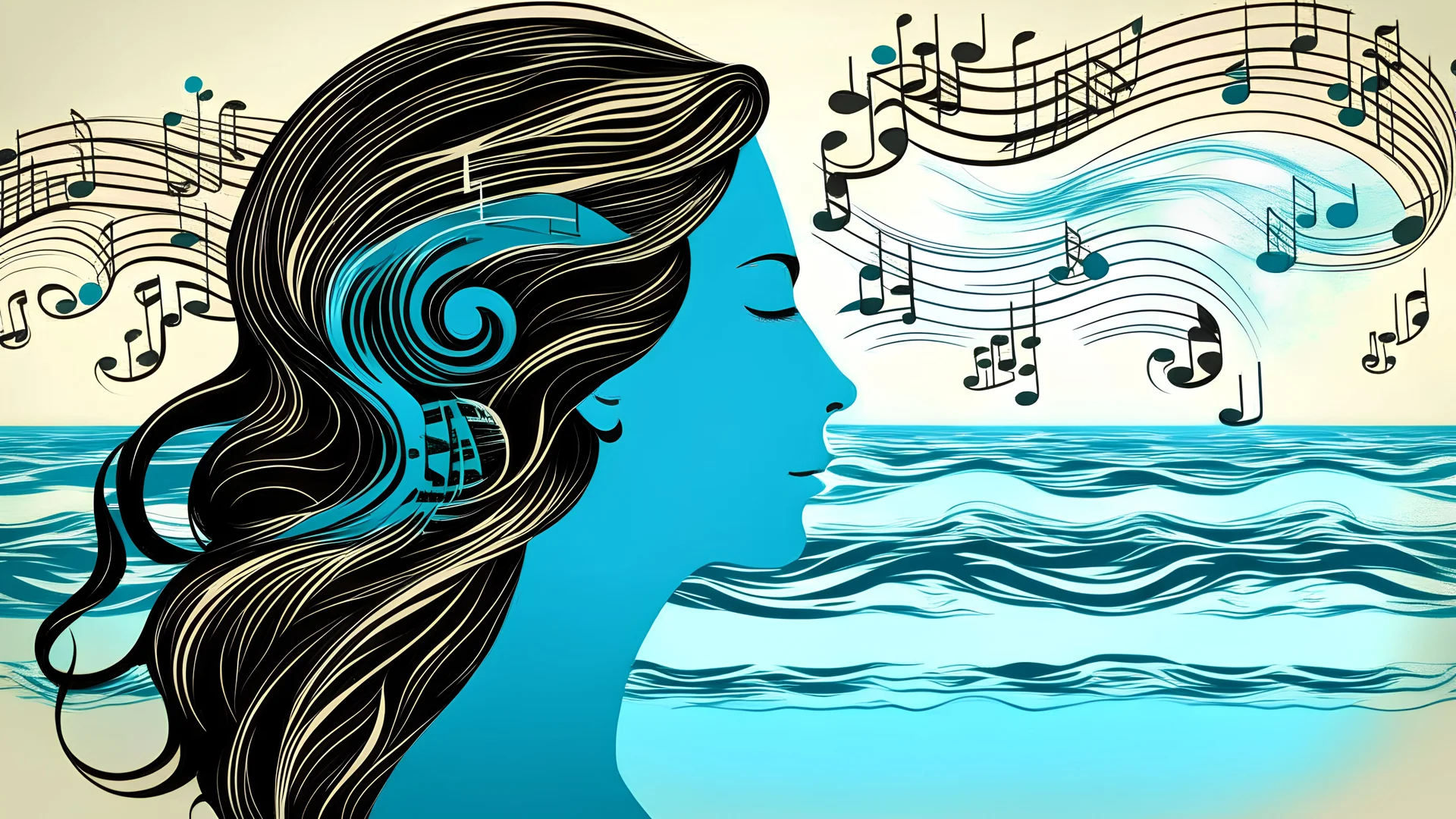 woman head with music notes and sea shore