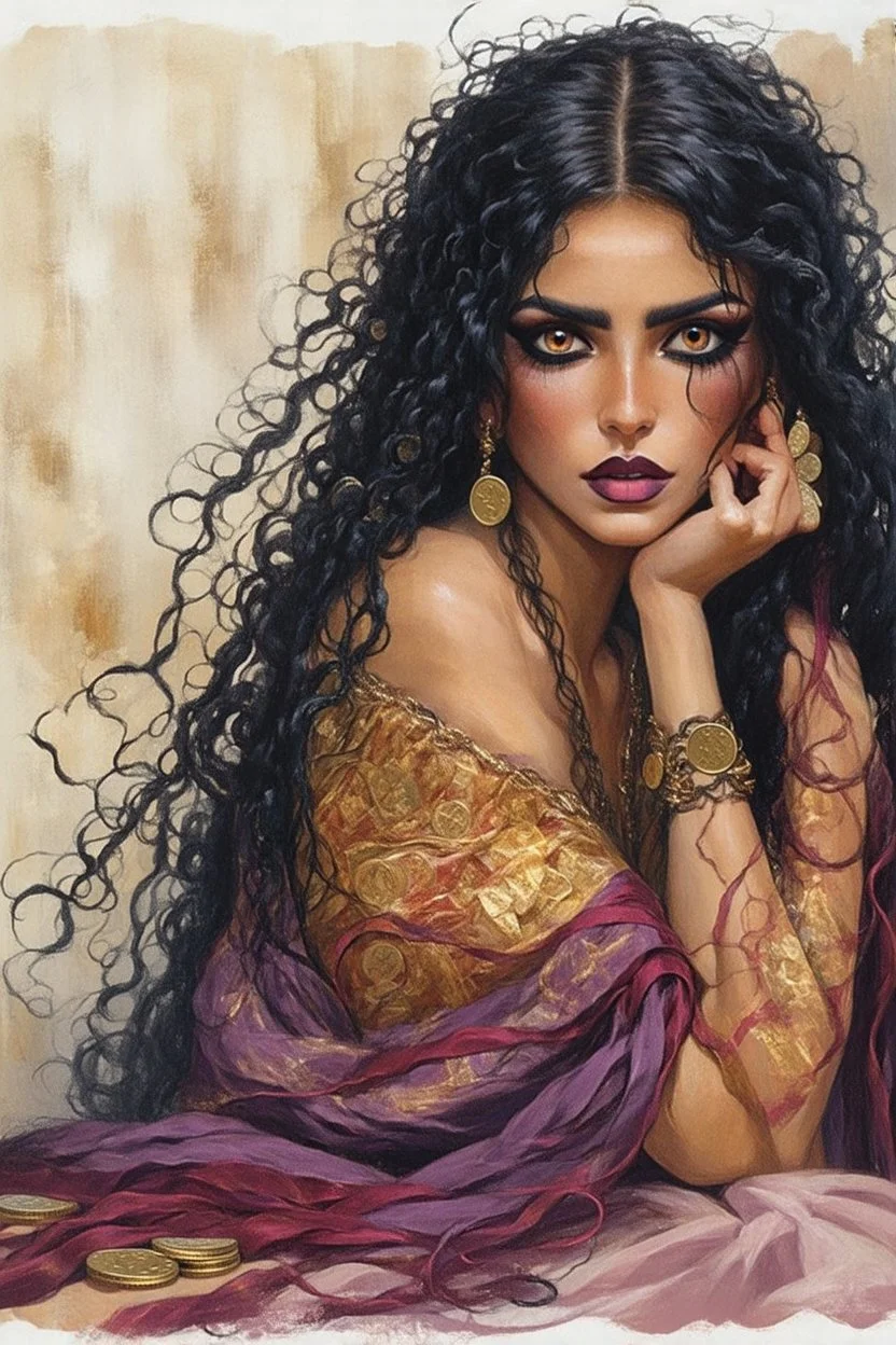striking Romani woman with smoldering, kohl-rimmed brown eyes that seem to hold centuries of untold stories, her gaze both melancholic and magnetic. Her full lips part slightly as if whispering a half-remembered incantation, while a cascade of wild, raven-black curls tumbles over one shoulder, entwined with gold coins and crimson ribbons. The muted palette—burnt ochre, deep plum, and shadowy sepia—evokes Gustav Klimt’s gilded eroticism, but with Aubrey Beardsley’s sinuous, ink-like precision in