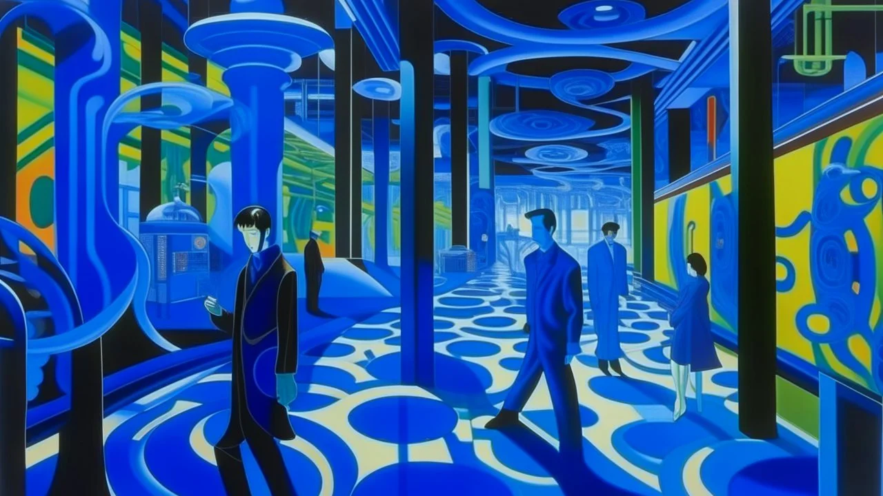 An oil painting by Kuniyoshi and Matisse of tech-people walking inside a futuristic matrix world.