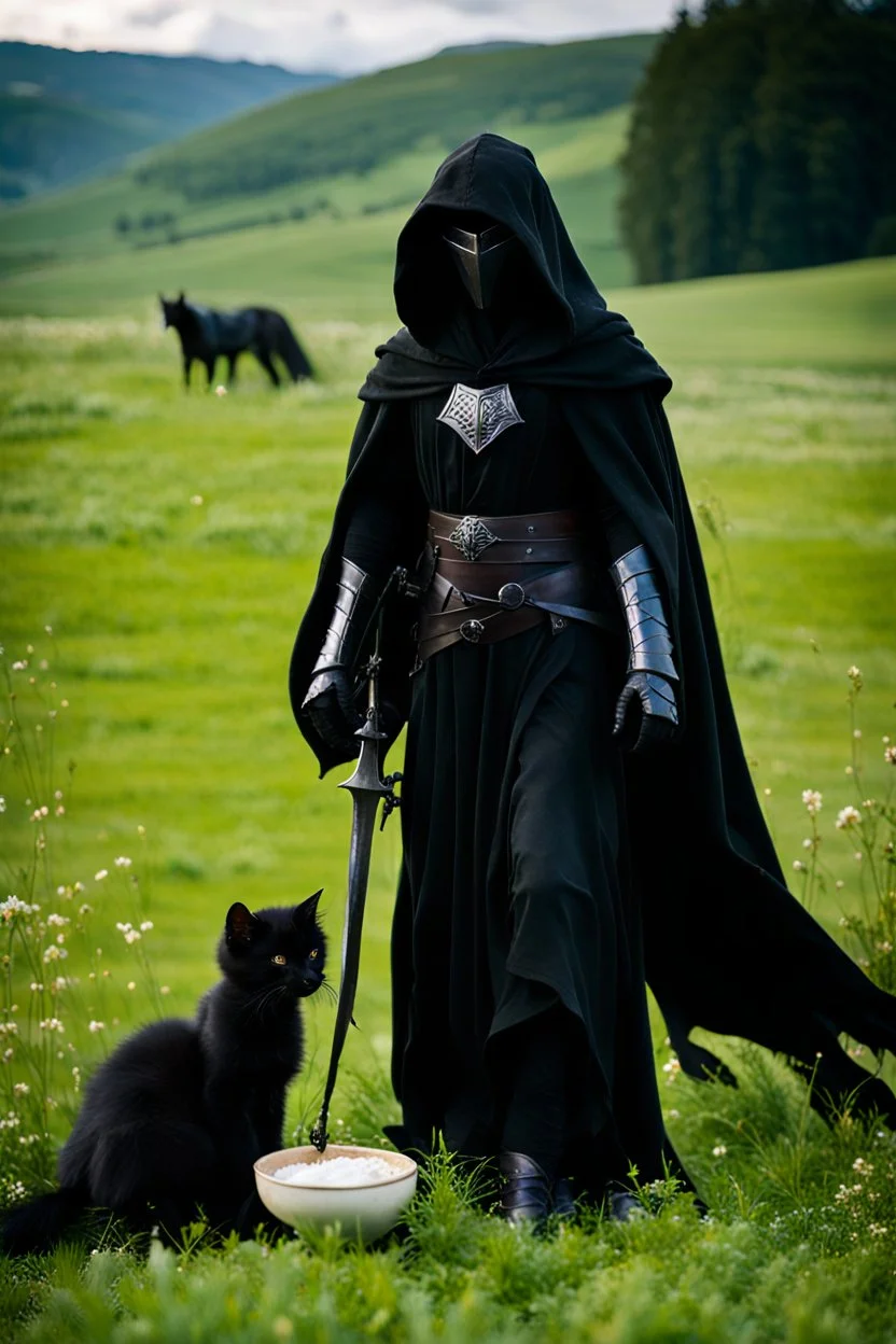 a full-length photograph of a [black-robed hooded Nazgul from the [Lord of the Rings] movies, articulated metal gauntlets] stands over a [small black kitten] which laps from a [small bowl of milk] on the ground, a [huge black warhorse, black saddle] in the background, depth of field, green meadow, mood ominous --style raw