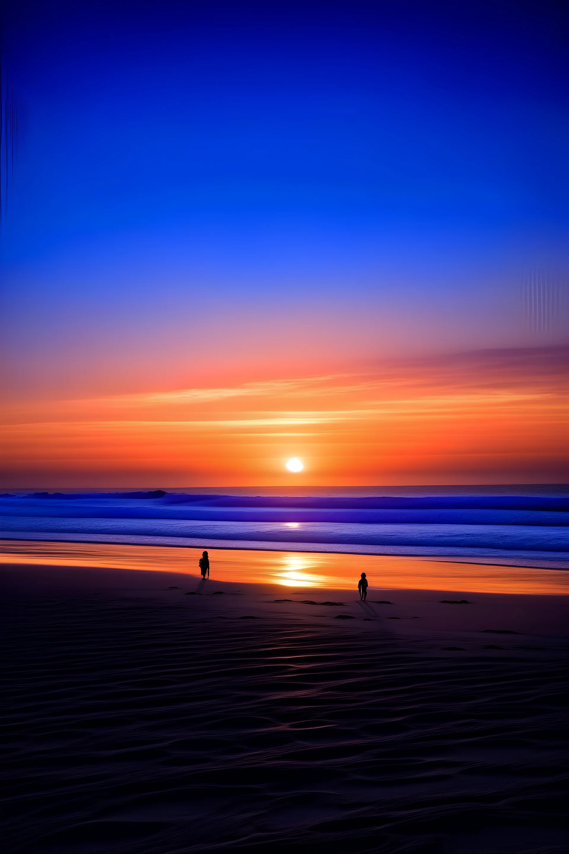 Picture a serene beach scene with an expansive ocean stretching out into the horizon. The sky is a canvas of colors blending from shades of deep blue near the top to soft purple and oranges where the sun is setting. The sun is a glowing ball, nearly touching the horizon, casting a warm, purple hue across the sky. In the foreground, two very Big silhouetted people Holding hands.