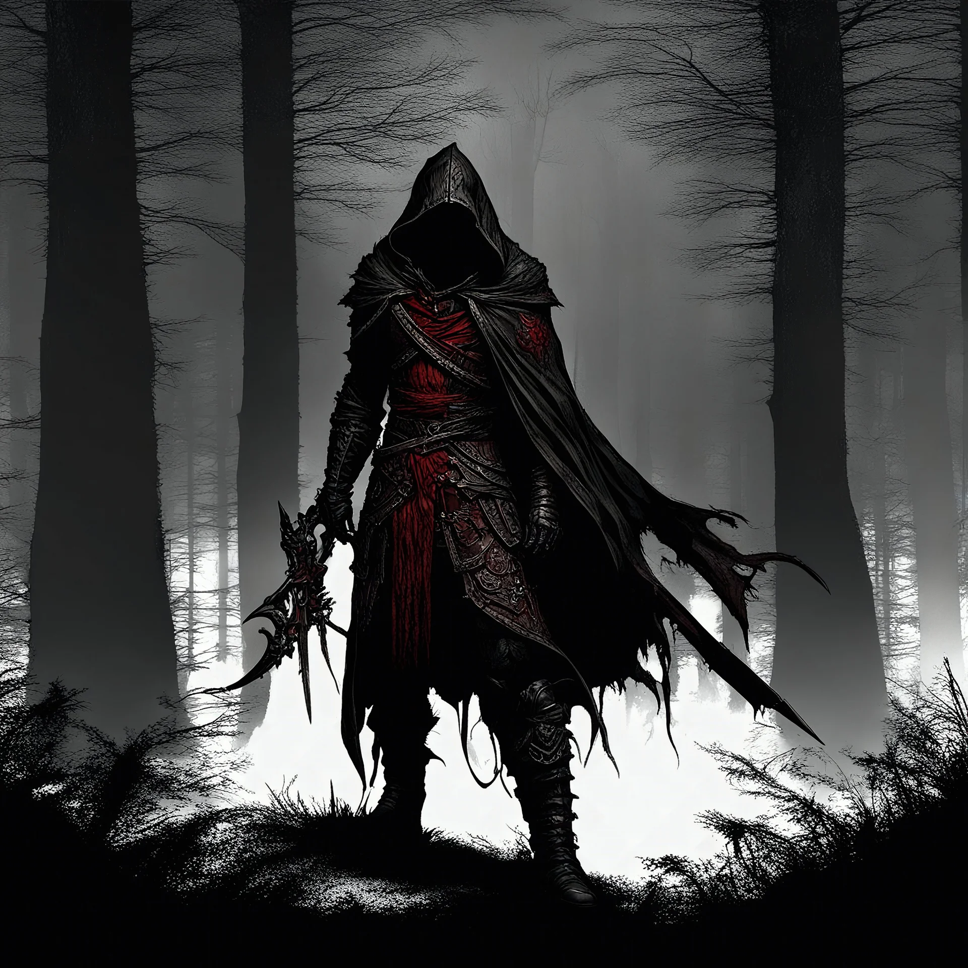 blood hunter, male, assassins, dark, fantasy, hooded, armored, shadows, forest