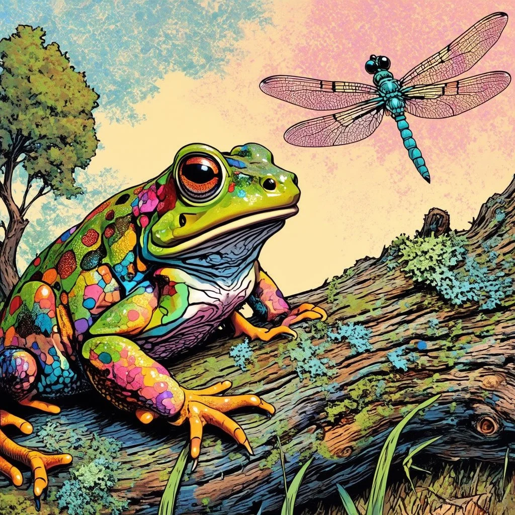 Create a digital pop art poster in the style of James Jean depicting a whimsical multicolored Toad sitting on a heavily textured fallen tree with rough bark and lichens and looking up at a dragon fly. Use a variety of pastel colors.