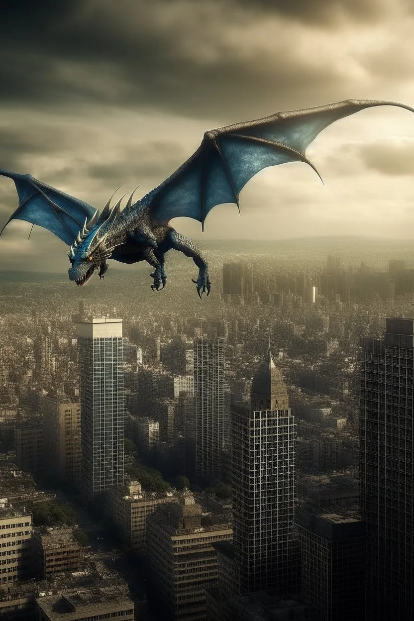 big dragon flying over city